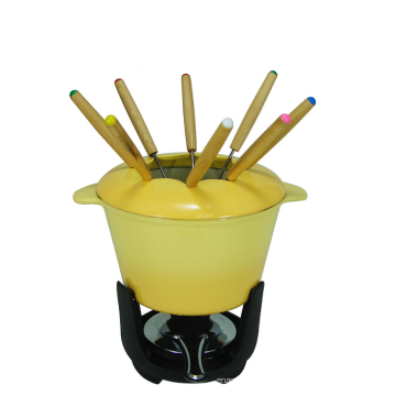 Service à fondue en fonte émaillée jaune pour fondue